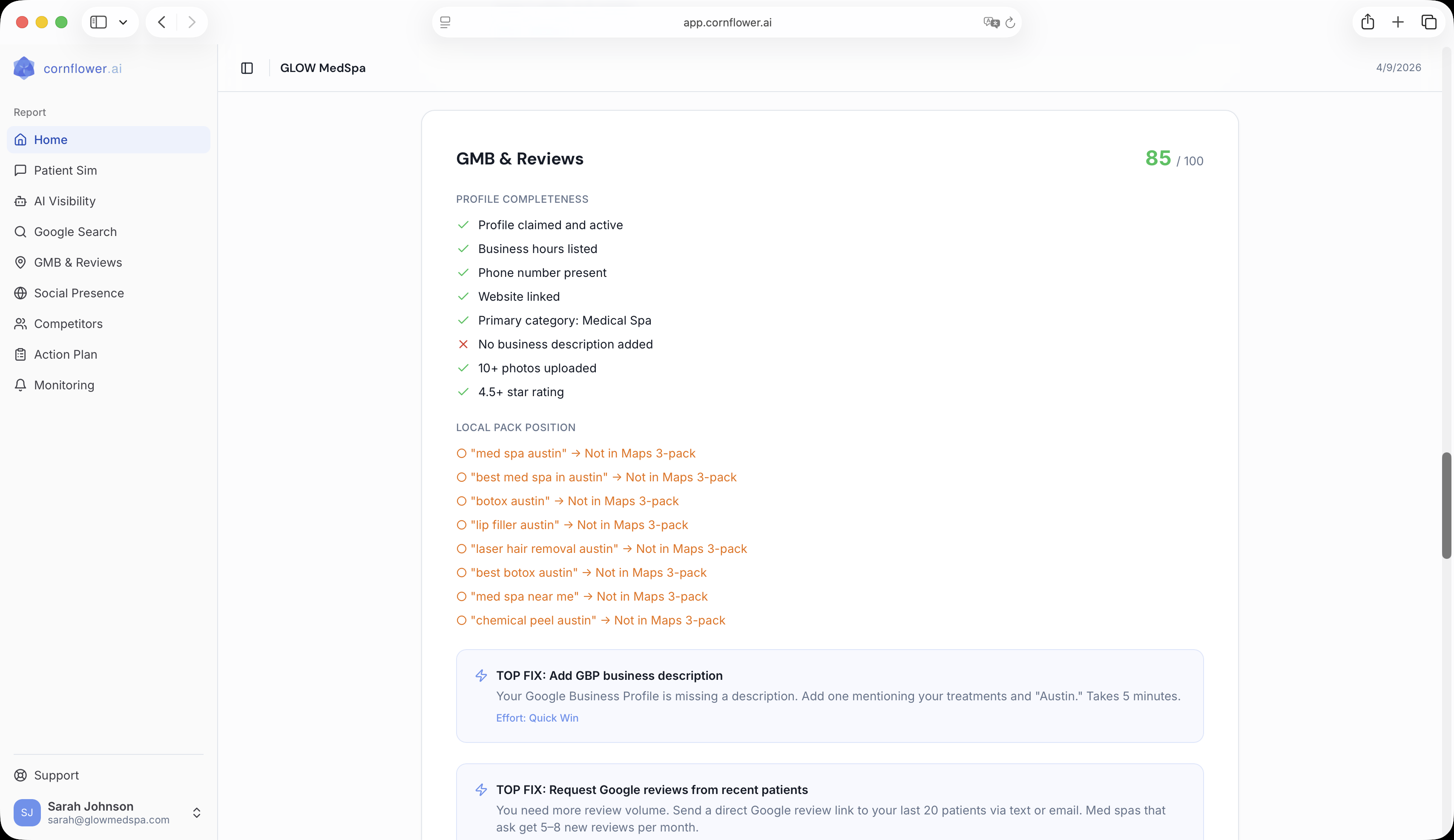 Cornflower GMB and Reviews report for GLOW MedSpa scoring 85 out of 100, showing Google Business Profile completeness checklist, local pack position, and review stats