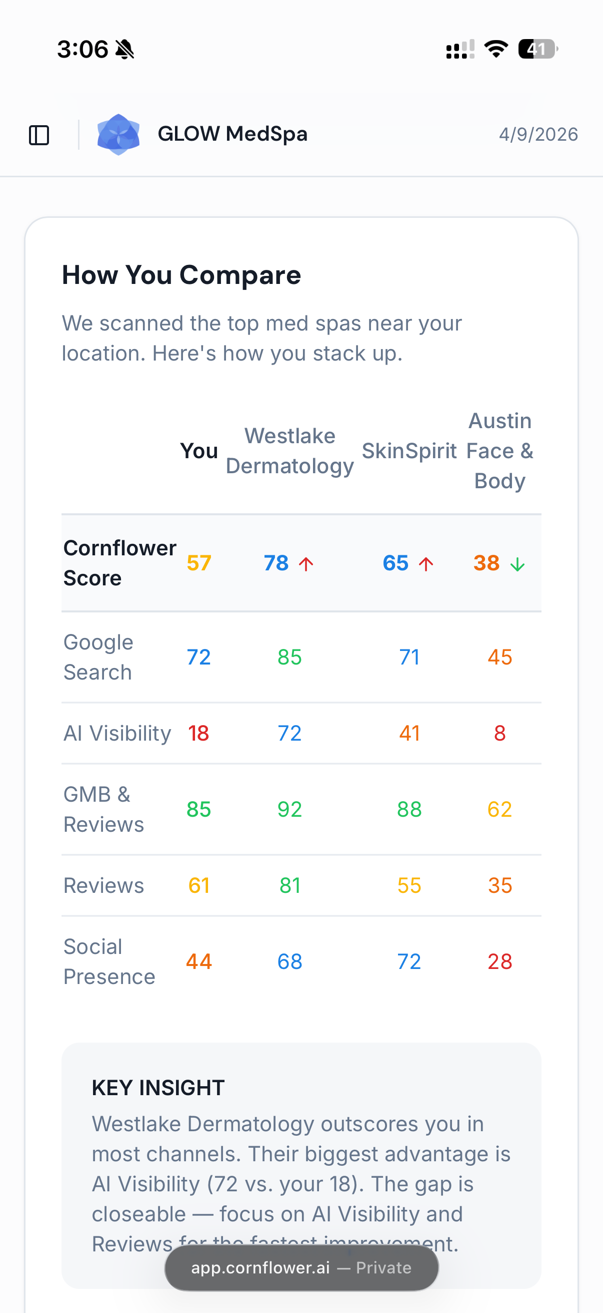 Cornflower competitor comparison showing scores across five channels