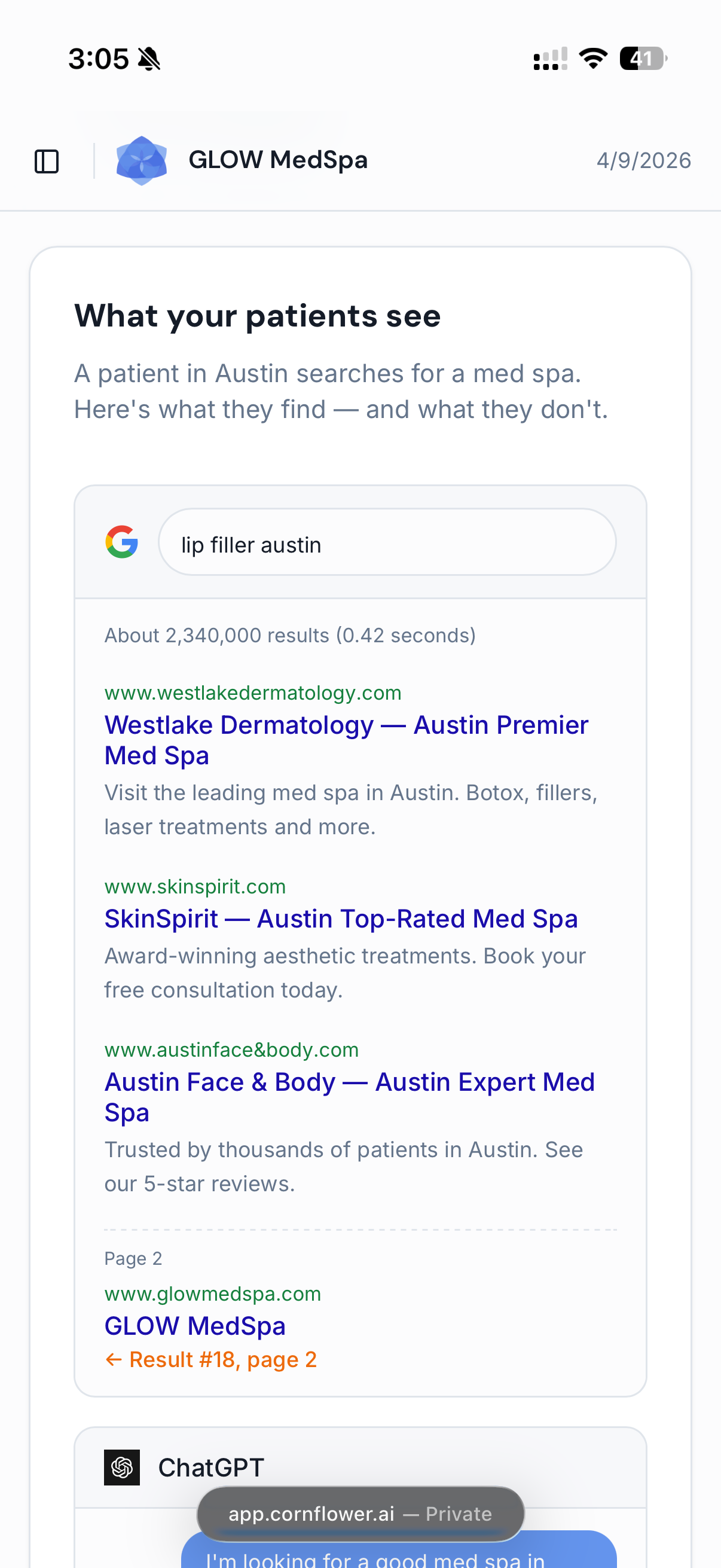 Cornflower patient simulation showing Google search results for lip filler austin