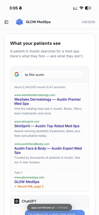 Cornflower AI patient simulation for GLOW MedSpa on mobile, showing Google search results for "lip filler austin" with Westlake Dermatology, SkinSpirit, and Austin Face & Body ranking ahead of GLOW MedSpa