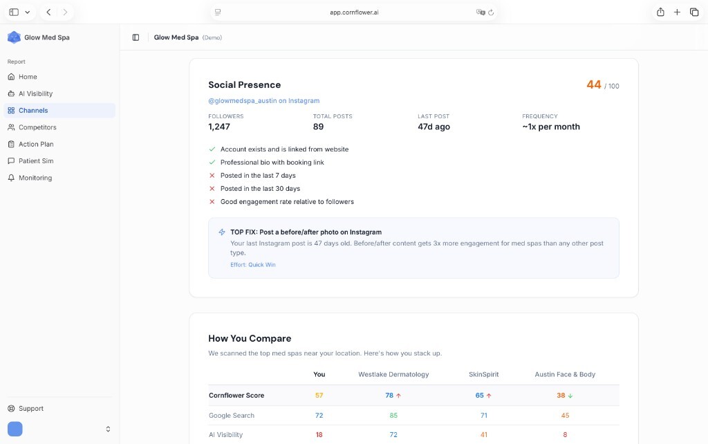 Cornflower Social Presence view showing Instagram stats, posting frequency, and engagement